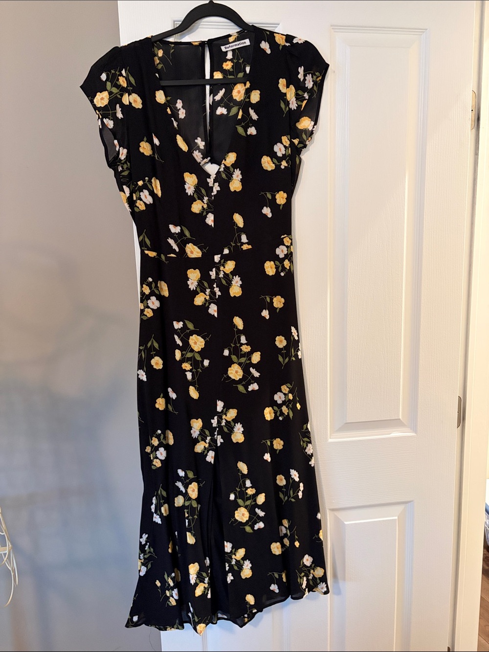 Reformation Black Midi Dress with Yellow Floral Print